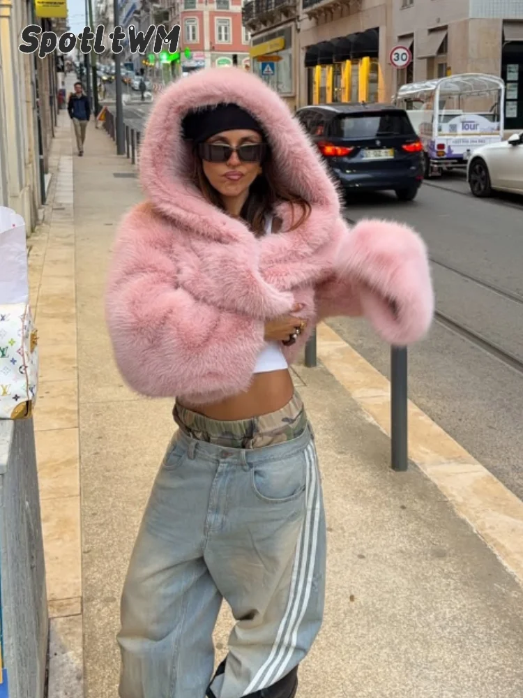 Women's Pink Faux Fox Fur Jacket Big Lapel Collar Open Front Loose Oversized Fluffy Thick Warm Winter Party Streetwear Coat