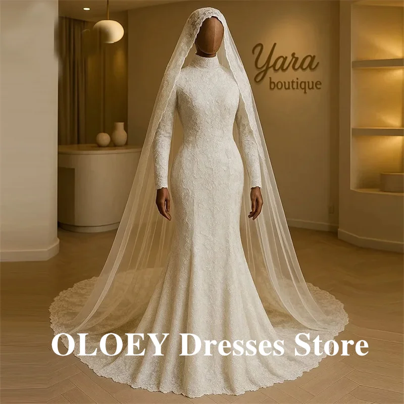 OLOEY Modest Muslim Lace Appliques Wedding Dress Elegant Sweep Train 2026 Full Sleeve Charming Long Bridal Gown Customized
