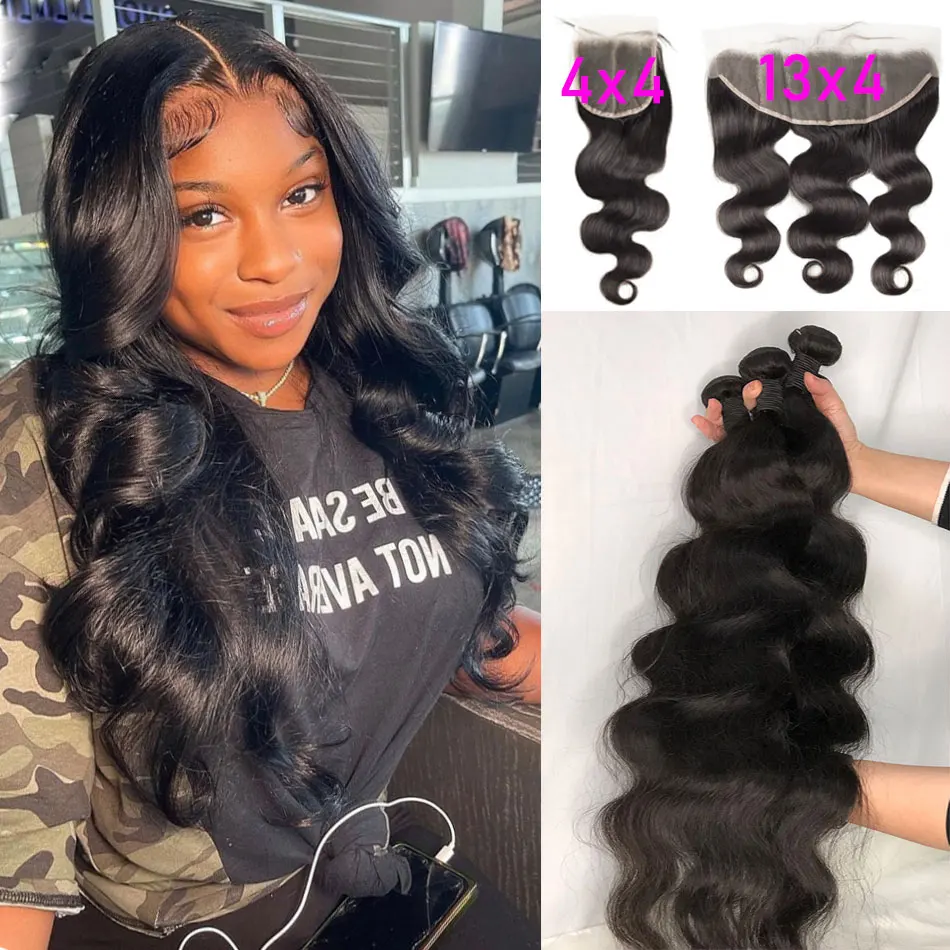 Body Wave 3/4 Bundles With Closure 4x4 13x4 Hd Frontal 38 40 Inch Brazilian Remy Hair Extensions Weave 100% Human Hair Bundles