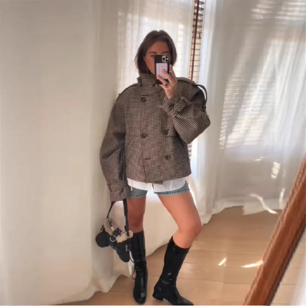 

Клетчатое шерстяное пальто с воротником-стойкой, однобортное свободное пальто с длинными рукавами и лацканами для женщин, уличный офис, осень-зима, уютный шик