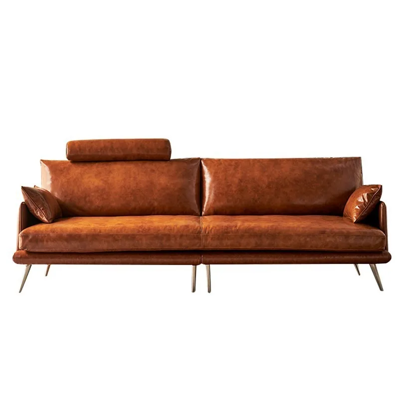 

Oil wax leather sofa, high-end medieval retro caramel sofa in the living room