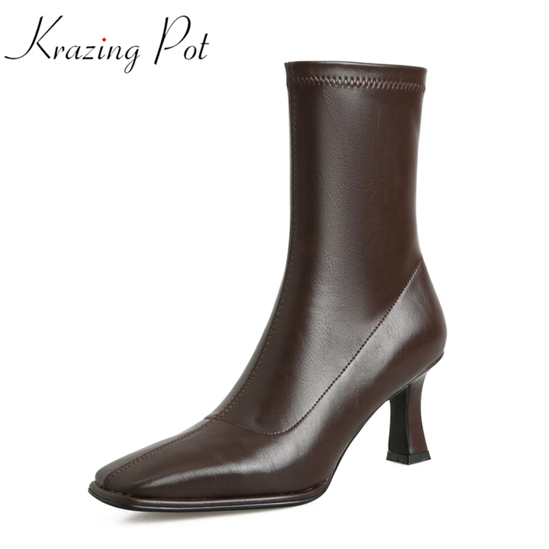

Krazing Pot Microfiber Square Toe High Heels Modern Boots Causal Kpop Style Oriental Stovepipe Handmade Cozy Zipper Ankle Boots