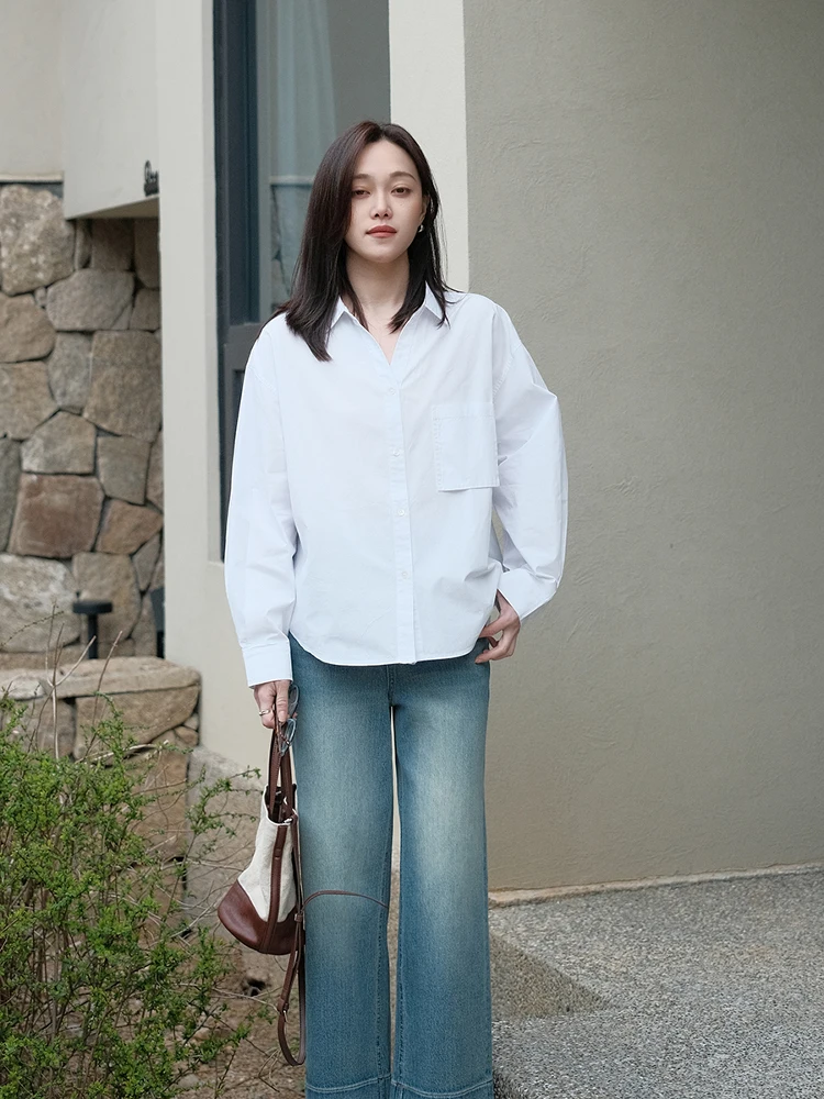 

New Women's Casual Long Sve White irt Design Sense Commute Sle Loose Fit Collar Pure Color Other Material 00%