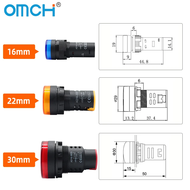OMCH AD16 سلسلة 16 مللي متر/22 مللي متر/30 مللي متر لوحة جبل إشارة مؤشر LED ضوء أحمر أخضر أصفر أزرق أبيض ضوء 12 فولت 24 فولت 110 فولت 220 فولت 380 فولت