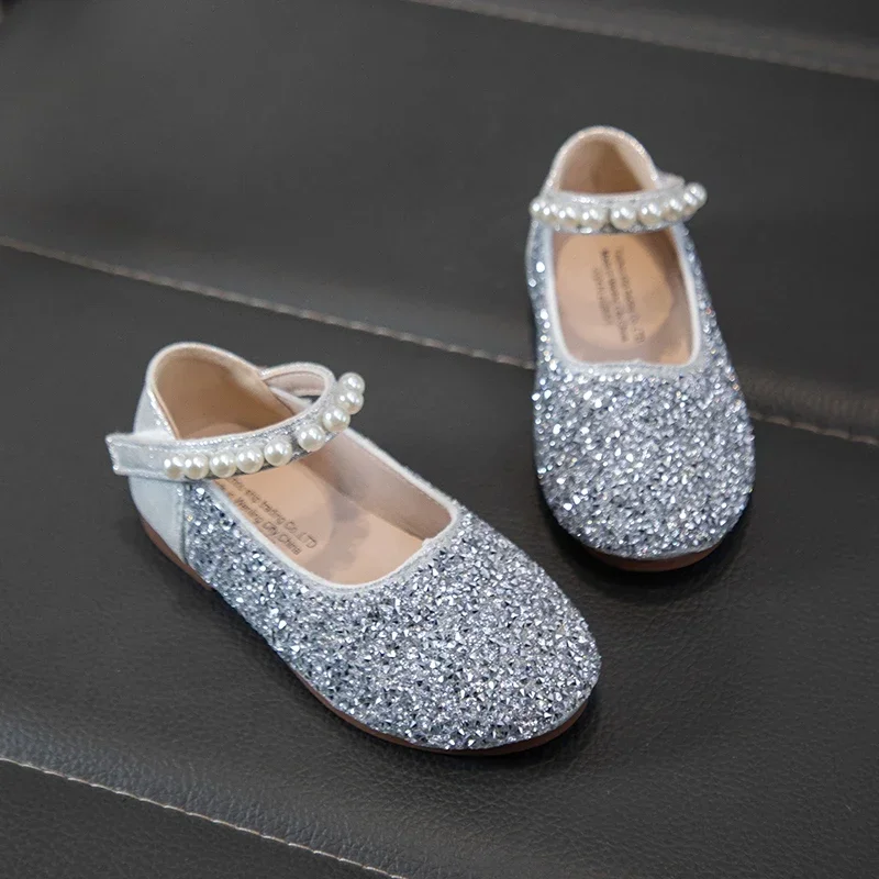 Little Girls Glitter Mary‑Jane Princess Flat Shoes, Pearl Strap Magic‑Toddler Flower Girl Dress Shoes for Party Wedding Birthday