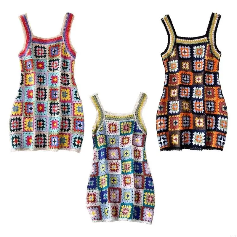 

L38E ажурная вязаная мини-юбка с цветочным принтом женское винтажное платье без рукавов французского вязания крючком