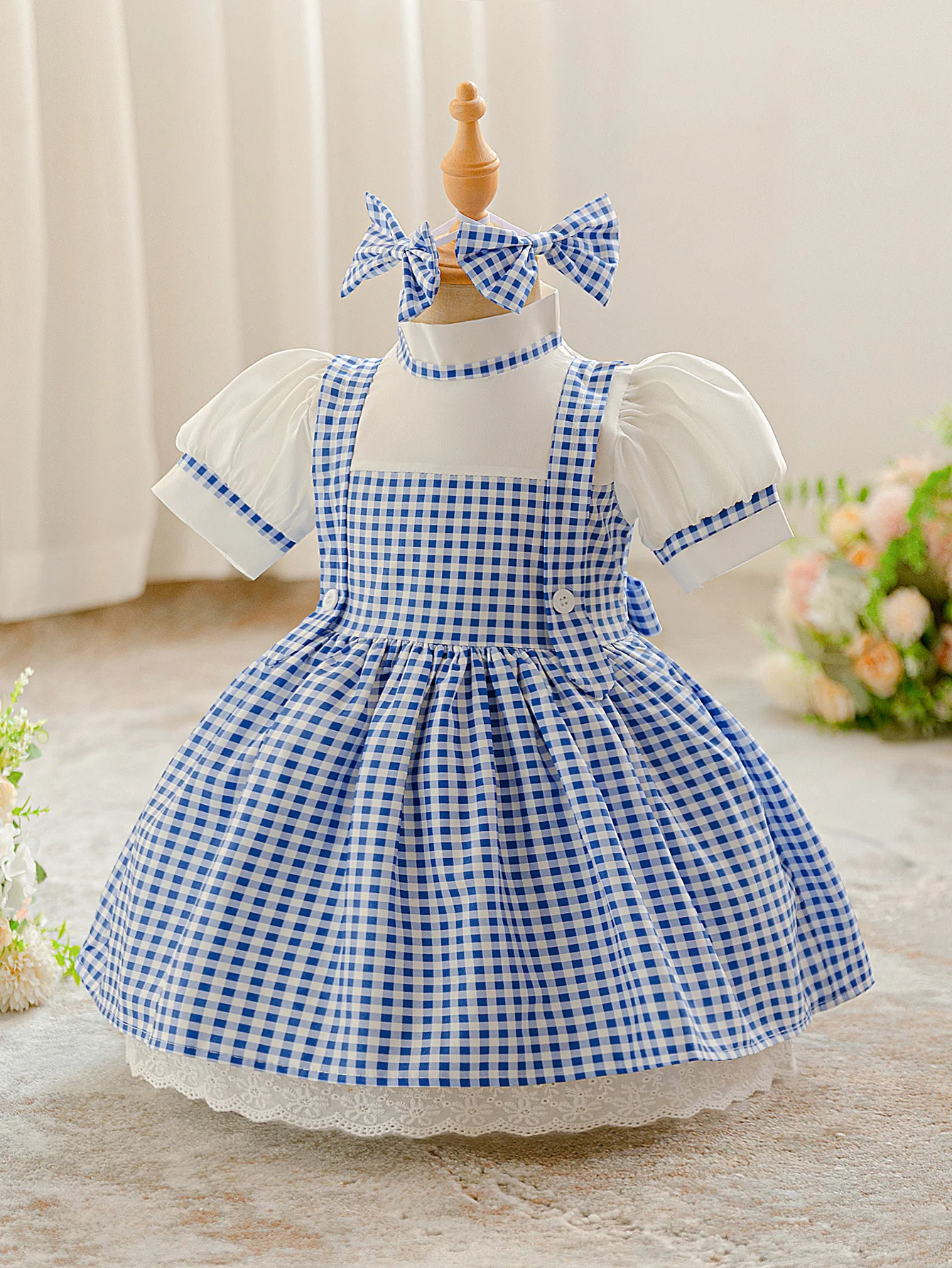 Mädchen Ballkleid mit Schleife und Puffärmeln, Blaues Karomuster, Prinzessinnen-Cosplay, Hochzeit, Kindergeburtstag, Klavier-Auftritt Kostüm ﻿ – Detail 4