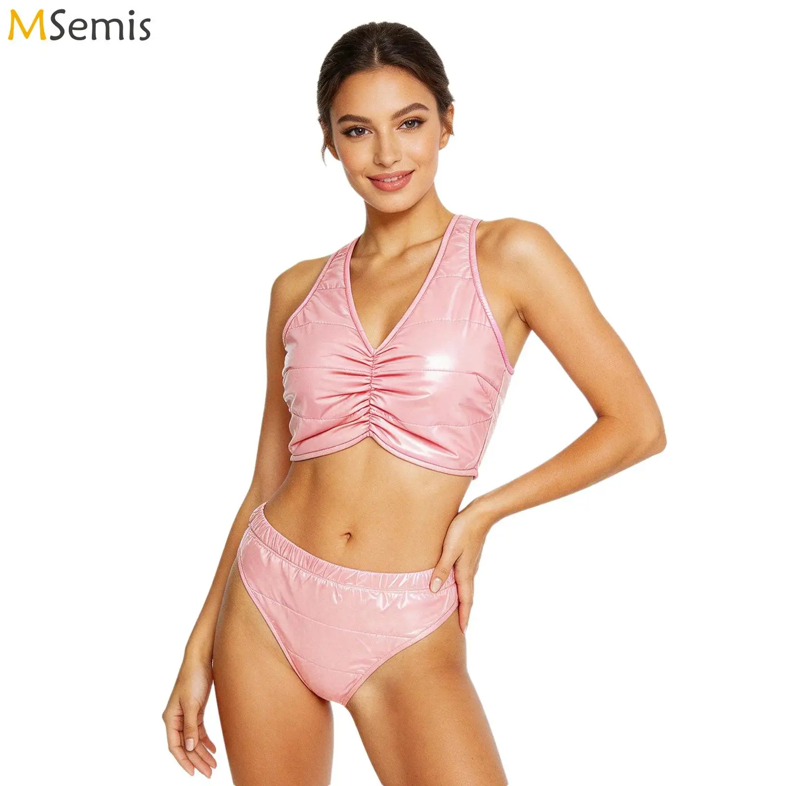 Ladies Quilted Padded Two-Piece Swimwear Set Glossy Shiny Sleeveless Ruched Tank Top High Cut Swim Bottom Two-Piece Swim Suit