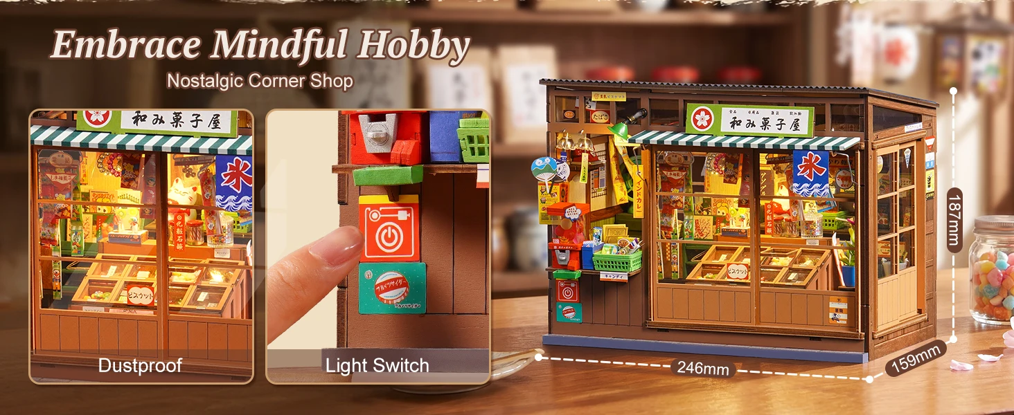 Rolife Nostalgic Corner Shop Japan Book Nook Kit DIY Miniature House Model Kits Japanese 3D Wooden Puzzle Gift for Her Crafters