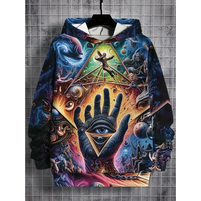 Men Psychedelic Space Hoodie All Seeing Eye Palm Pentagram Cosmic Full Print Drawstring Pocket Street Sweatshirt