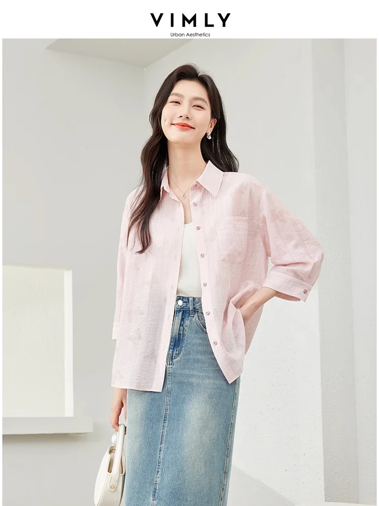 

Vimly Light Pink Button Up Casual Lyocell Shirt 2024 Spring Lapel Three Quarter Sleeve Thin Printed Women Blouse Clothes M6815