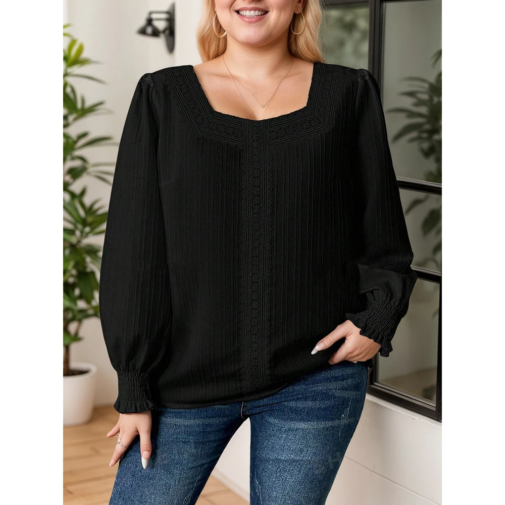 

Embroidery Texture Elegant Women's Plus Size Blouse Square Collar Solid Puff Sleeves Loose Shirts Autumn Female Casual Blouses
