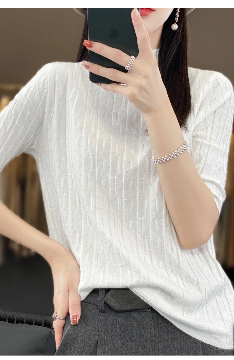 Women New Soft Diamond Letter Design Sweater Half-high Collar Three Quarter Sleeve Pullover Spring Summer Casual Knit Slim Top