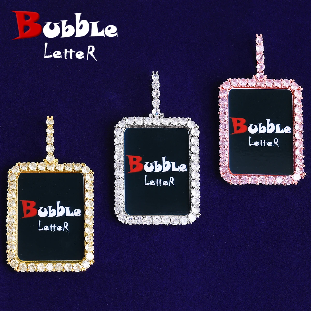 Bubble Letter Iced Solid Back Rectangular Custom Photo Necklace Pendant Men Real Gold Plated 5A Cubic Zirconia Hip Hop Jewelry
