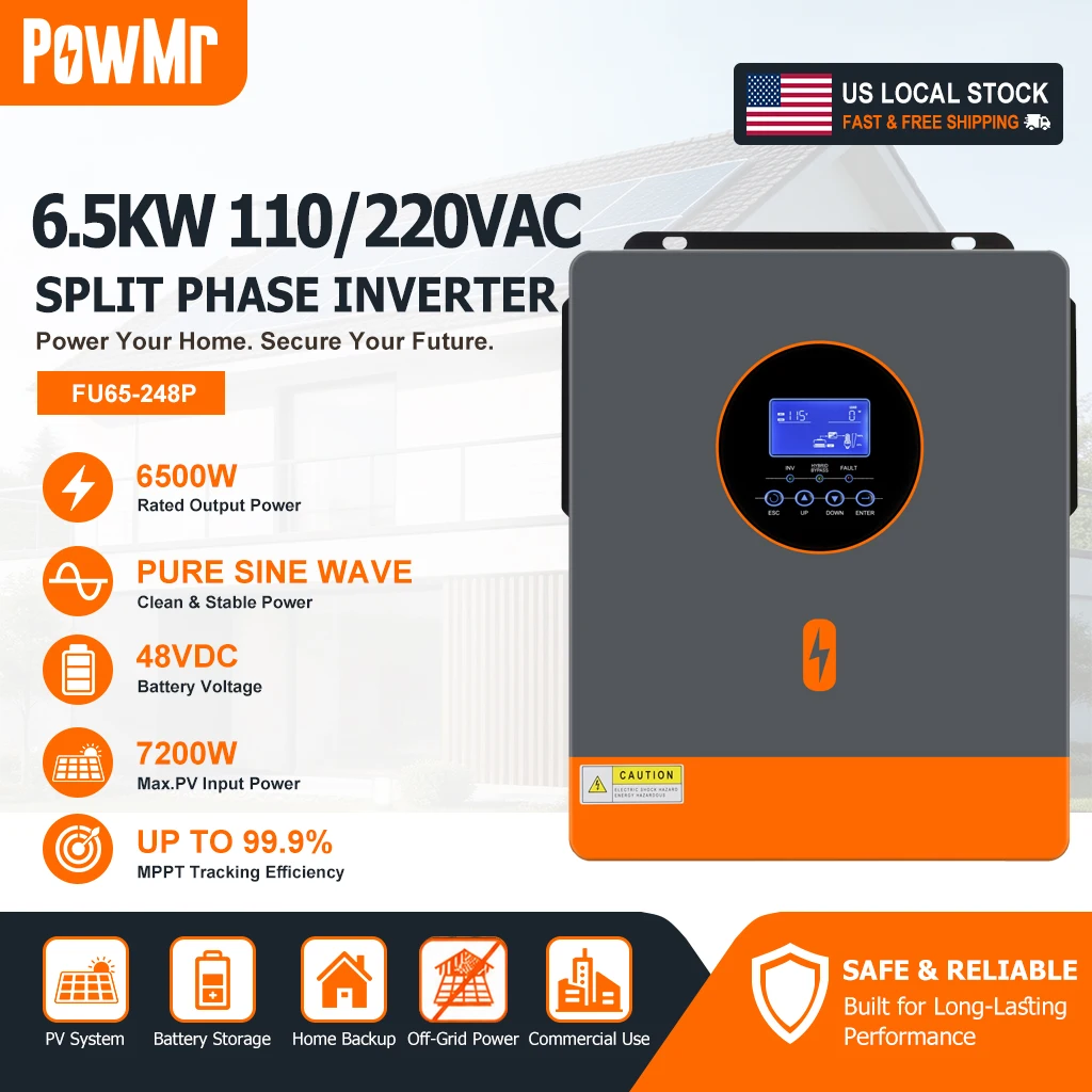 PowMr 6.5KW 48V Split Phase Solar Inverter 110/220VAC Pure Sine Wave MPPT Solar Charger Support Lithium Lead Acid Battery Off Grid Home Solar Power System US Local Stock