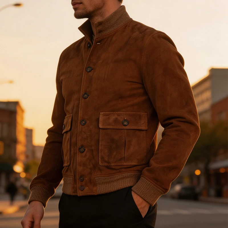 Outdoor Casual Mens Slim Suede Jacket Coat 2026 Autumn Leisure Solid Color Loose Outerwear For Men Vintage Button-up Lapel Coats