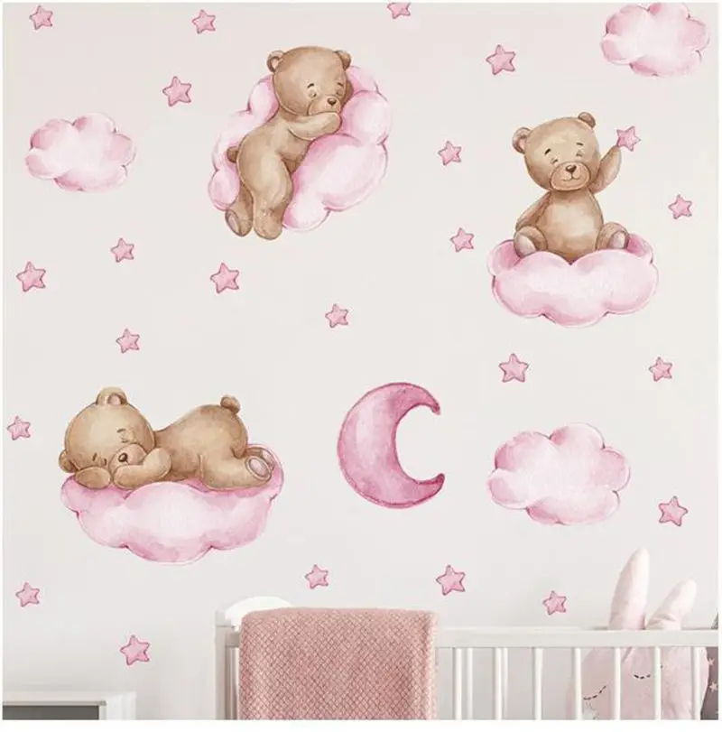 Cartoon Pink Blue Teddy Bear, Good Night Clouds Moon Clouds, Children's Bedroom, Home, Wall Decoration, Wall Stickers