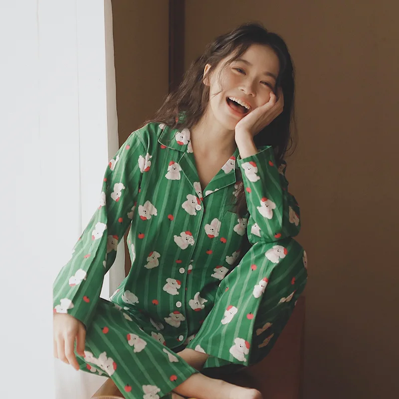 

Комплект домашней одежды из чистого хлопкового фланеля с мультяшным принтом, с длинными рукавами, для женщин, весна-осень, комфортный, дышащий, в домашнем стиле