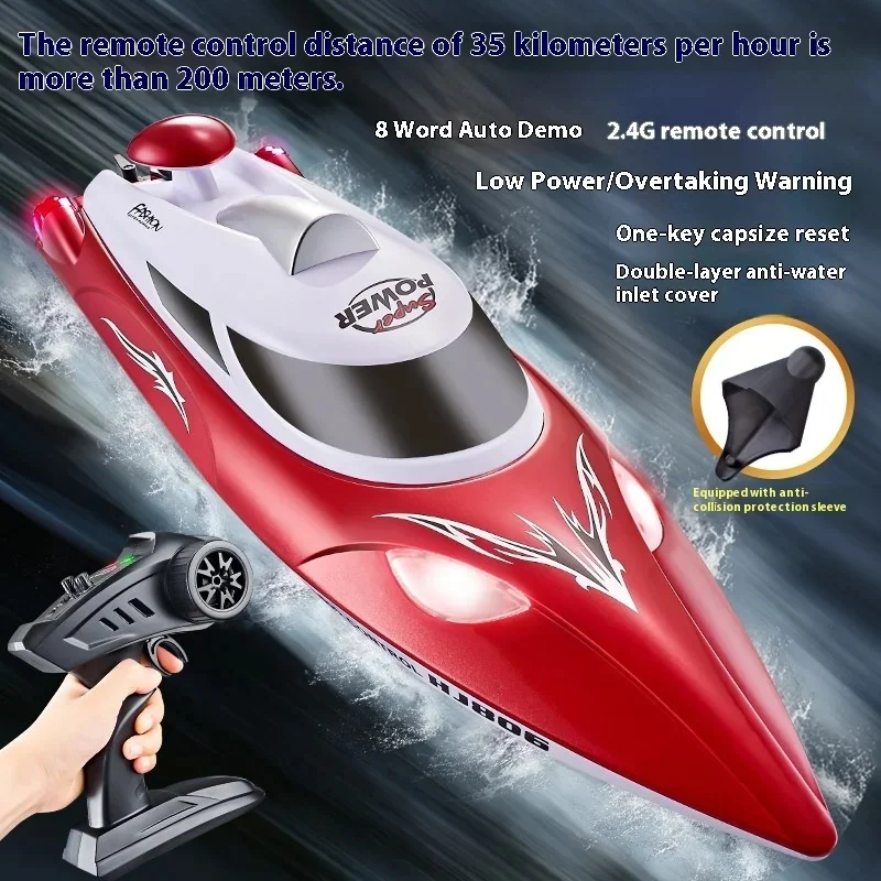 New Hj806 Remote Control Boat With Night Navigation Lights Capsize Reset High-Speed Water Speedboat Model Boy Outdoor Toy Gift