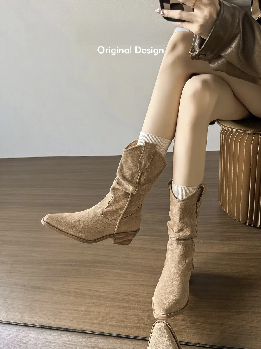 bottes-de-cowboy-occidentales-tendance-pour-femme-mi-mollet-a-talon-epais-et-bout-pointu-plissees-en-cuir-nouvelle-collection-2025