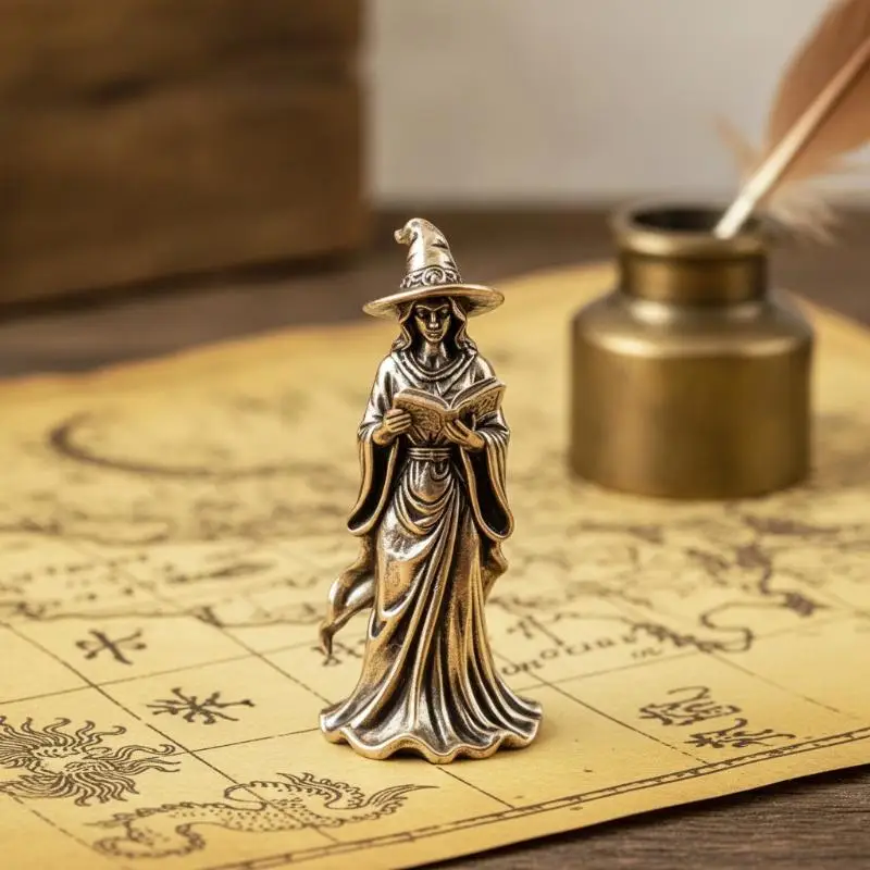 Brass Magic Witch Figurines Miniatures Desktop Ornaments Retro Metal Models Small Statue Home Decorations Crafts Accessories
