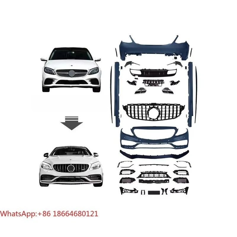 W205 C63 Style Body Kit Conversion for - C-Class 2014-2021 Front Rear Bumper Side Skirt W205 C63 Upgrade Kit