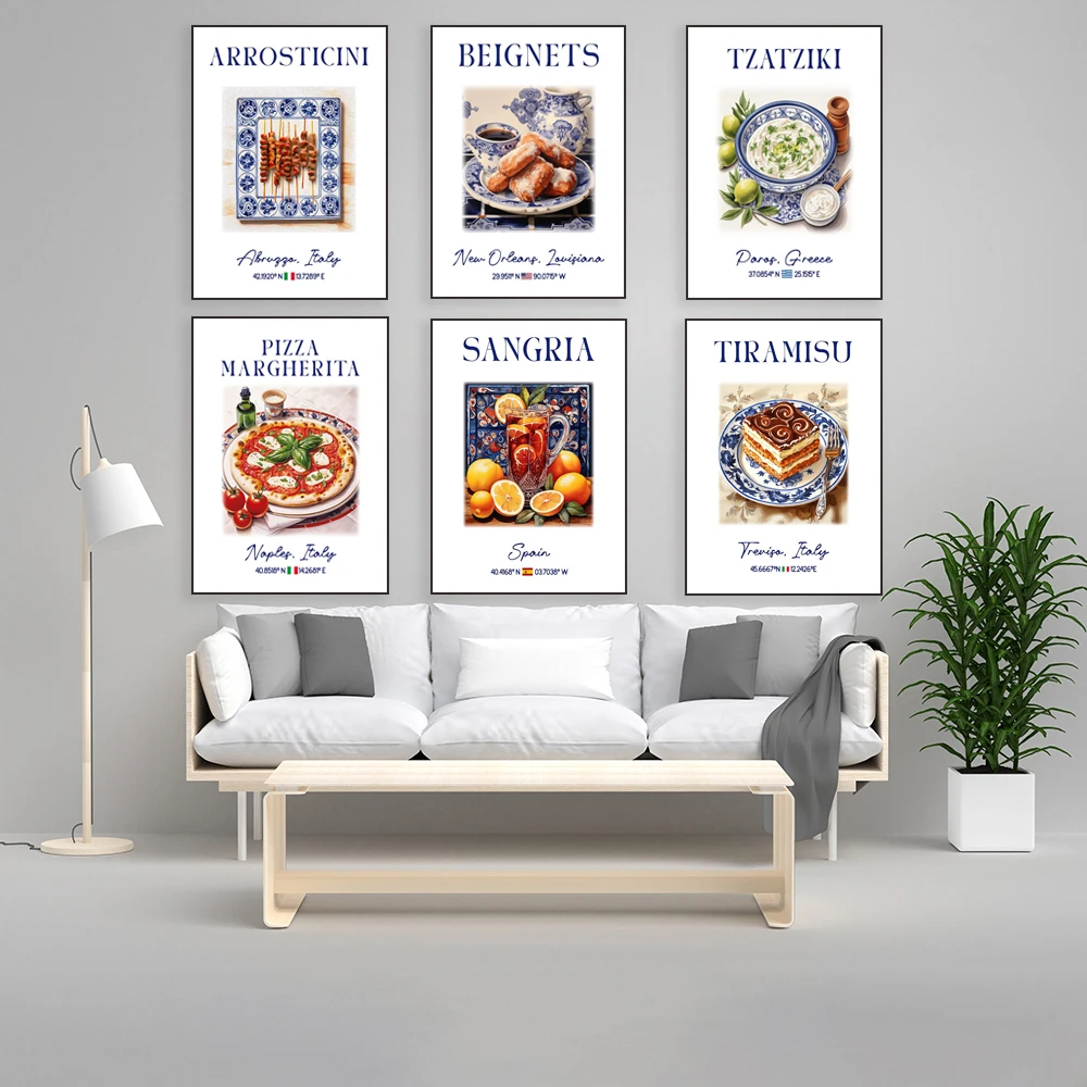 Patatas Bravas, BEIGNETS, GYROS, GAZPACHO, Traditional Italian, Spanish, Greek cuisine, Blue Azulejo tiles, Kitchen cafe poster