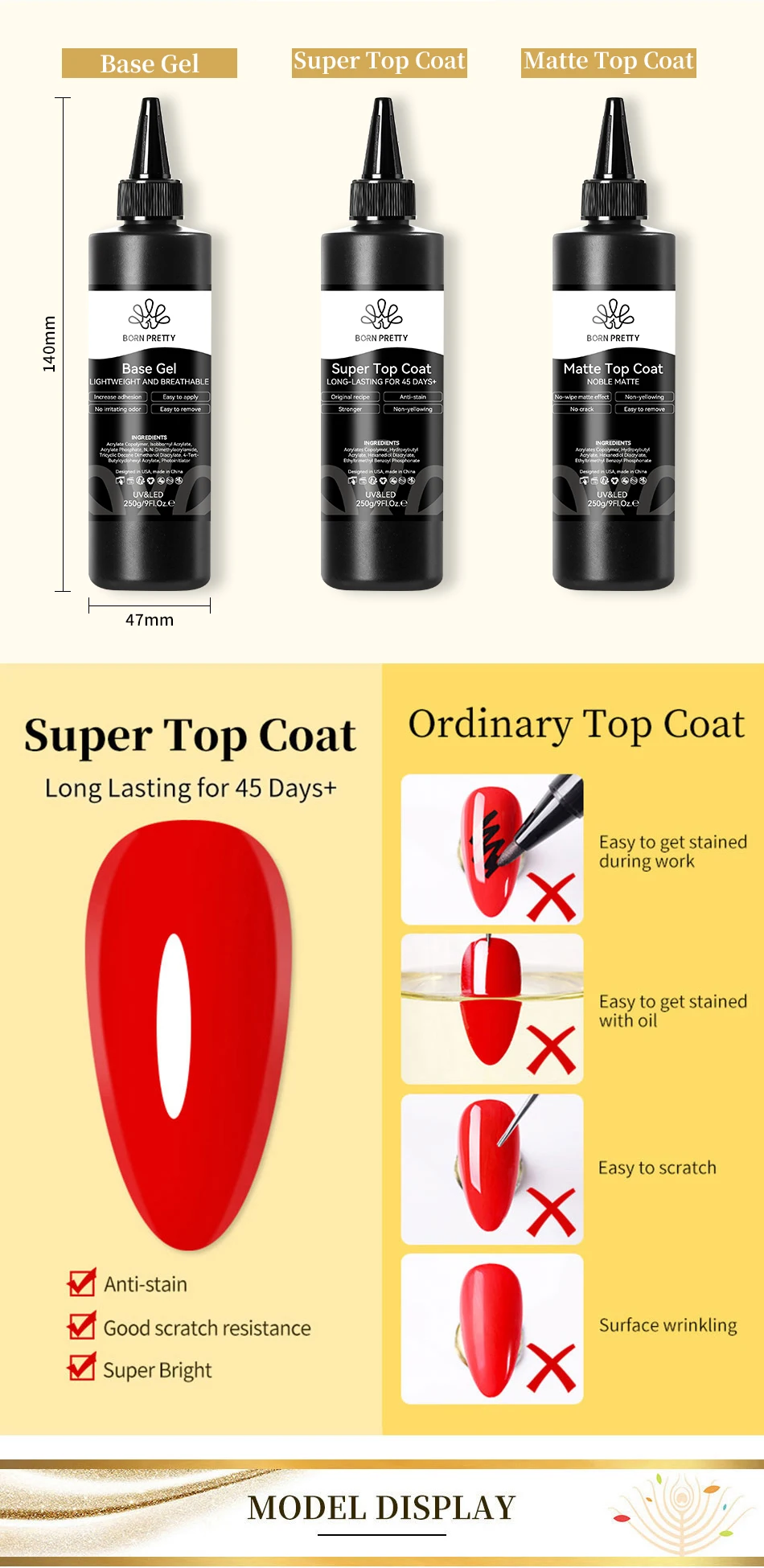 BORN PRETTY 250g Base and Super Top Coat Not Chip Peel Base Gel Glossy Shine Finish Soak off UV LED Drying Long Lasting UV Gel