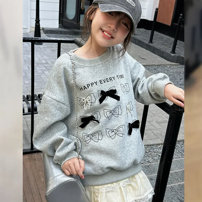 Girls Sweatshirt Kids Bow Knot Pullover Teenagers Loose Hoodies 2024 Spring Autumn 4 To 14 Yrs Children's Clothing Fashion