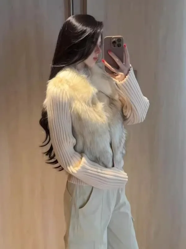 

Korean Sle Soft Flip Collar Knitted Splicing Fur ort Coat Spring ular Faion Top Women's Slim Fit Jaet Zipper Closure