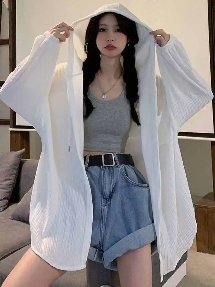 White Long Sleeve Sunscreen Clothes for Women Summer New Versatile Mid-length Loose Cardigan Jackets Casual Hooded Thin Coat