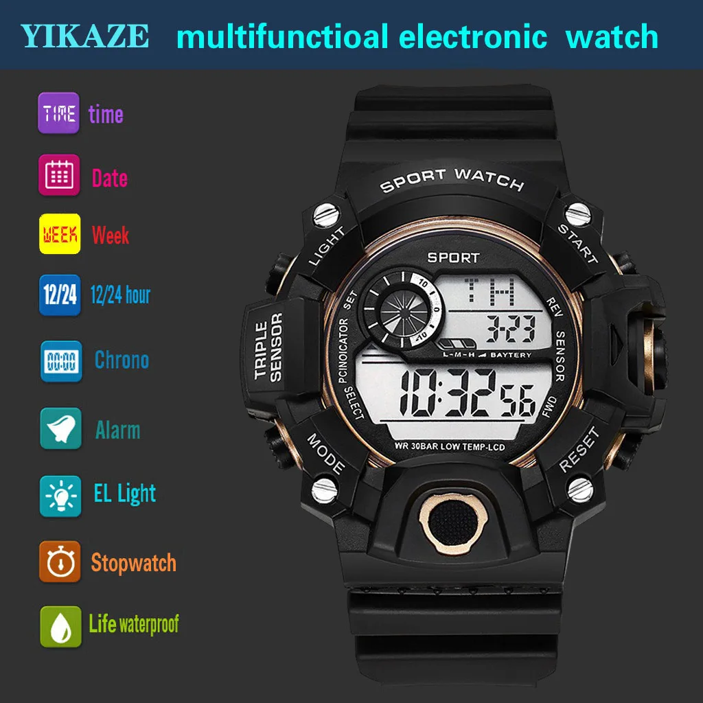 YIKAZE Men\'s LED Digital Watch Men Sport Watches Fitness Electronic Watch Multifunction Military Sports Watches Clock Kids Gifts