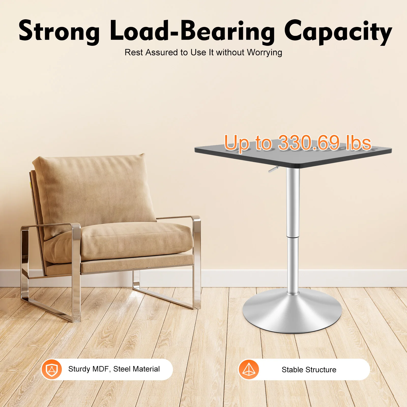 

Square Bar Table Adjustable 27.5-35.4inch Height , Pub Counter Swivel Cafe Tables, 330lbs Capacity for Home Cafe Bar