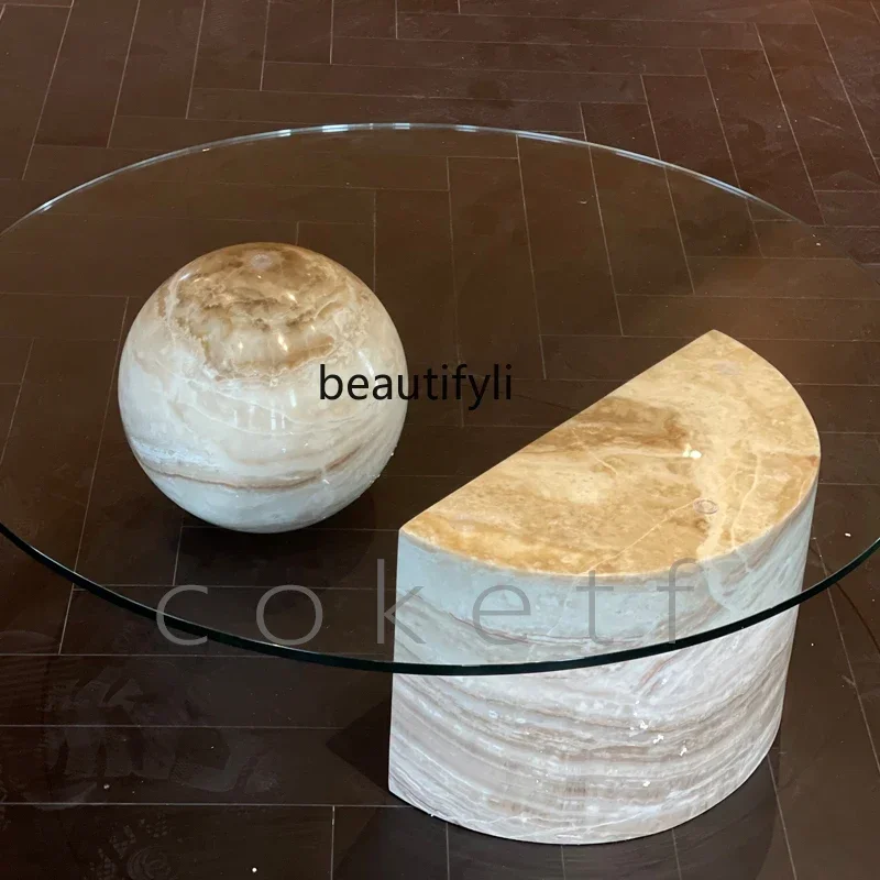 

New Modern simple natural marble round living room sofa coffee table small apartment glass coffee tableA16