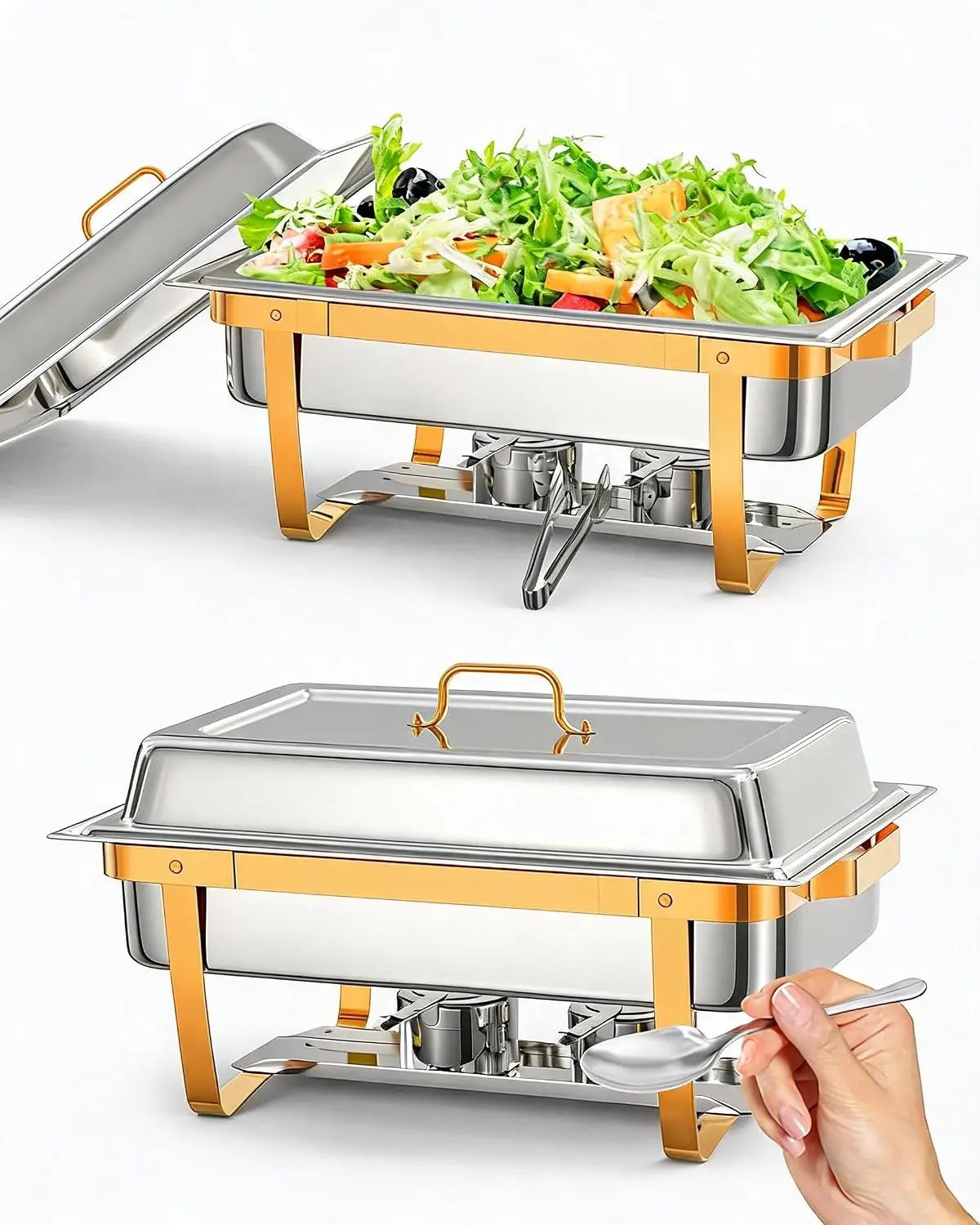2PCS Stainless Steel Buffet Chafing Food Warmer Dish Buffet Set Stove Steam Food Warmer Pot with Lid Holders, Spoon & Tongs Chafing Dish Buffet Set for party