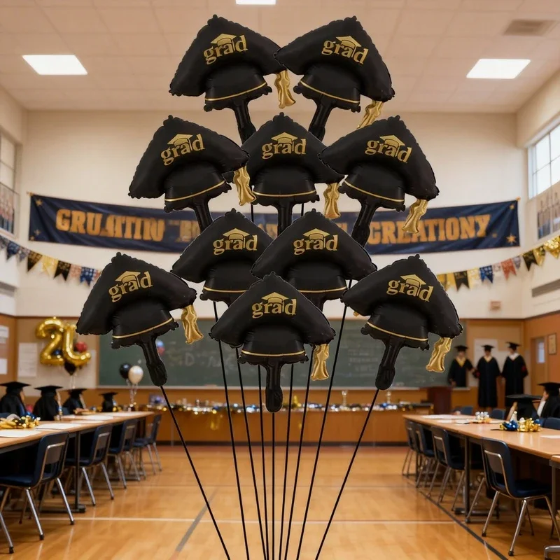 10pcs matte black gold balloons graduation ceremony themed party decoration, graduation season indoor and outdoor decoration