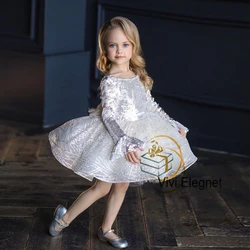 White Full Sleeve Flower Girls Dresses with Sequined Tutu Wedding Party Dresses Knee Length Full Sleeve فلور فتاة اللباس