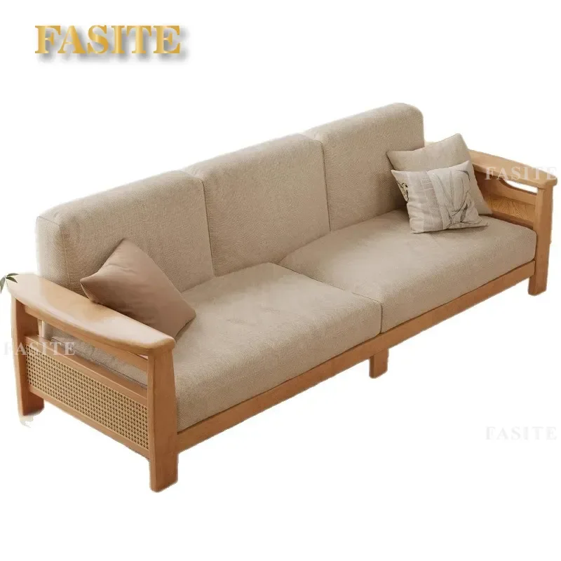 For Song Dynasty Aesthetic Solid Wood Sofa Chinese Rattan Wooden Fabric 3 Seater Straight Row Living Room Reception Rest Area