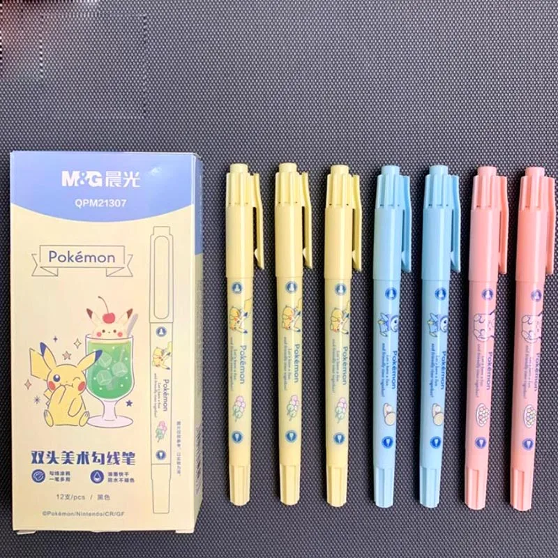 12pcs/lot Pokemon Double Head Gel Pen Highlighter Creative Black ink Mark Hook Pens Promotional Gift Office School Supplies