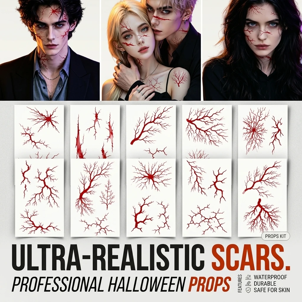 Halloween Temporary Tattoos Realistic Scar Stickers Fake Bloody Wound Scratches for Zombie Vampire Cosplay Party Props Waterproof Horror Body Art for Men Women Kids