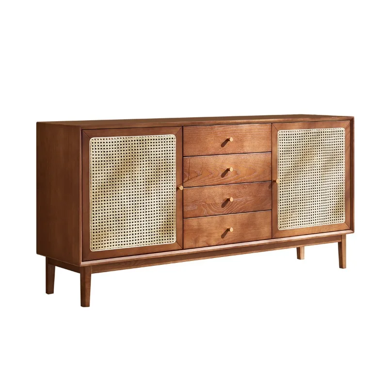 

Nordic rattan dining side cabinet solid wood kitchen locker Japanese living room porch cabinet wabi sandy wind wall storage cabi