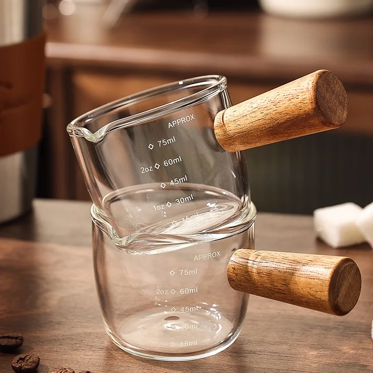 Taza de cocina, suministros de café, taza medidora de vidrio con mango de madera, doble boca única, 75ml, creatividad, Espresso, resistente al calor, transparente