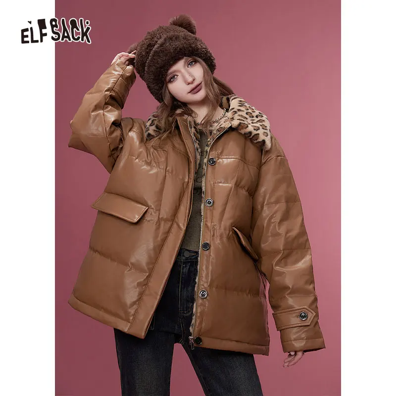 ELFSACK Korean Fashion PU Spliced Down Coats Women 2023 Winter New Designer Outwears