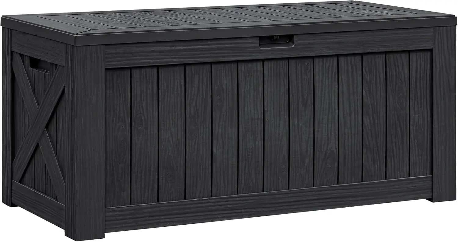 Large Outdoor Storage Box Waterproof Resin Deck Container, Patio Cushion Organizer Chest For Yard And Pool, Heavy Duty Seating Bench Holder, Imitation Wood Style, Single Piece