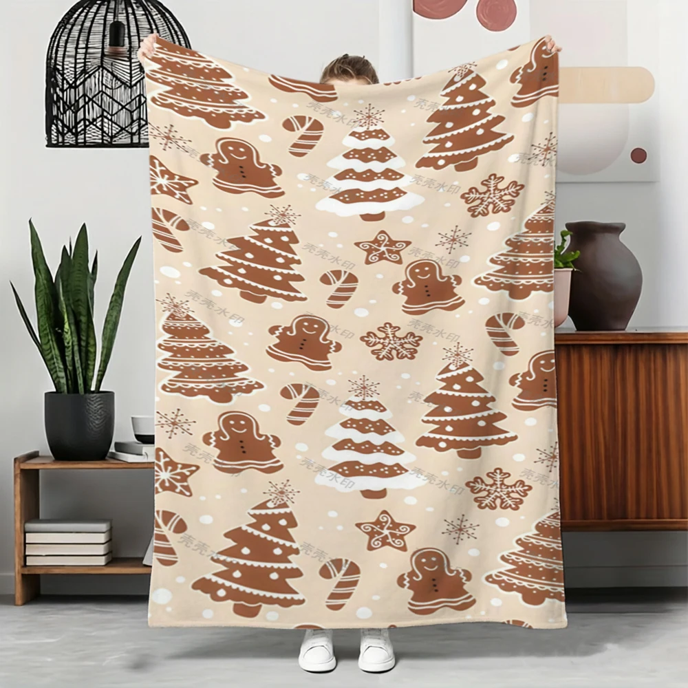 Christmas Gingerbread Man Blanket Cute Red Ribbon Bow Throw Blankets Holly Berries Bed Sofa Cover Holiday Home Decoration