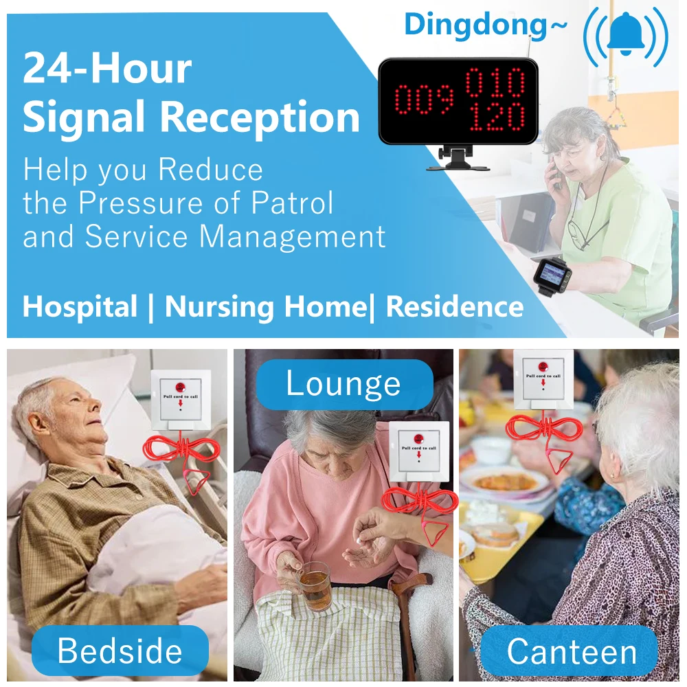 Wireless Emergency Call System with Caregiver Pager Display Toilet Pull Cord Button for Elderly Seniors Hospital Clinic