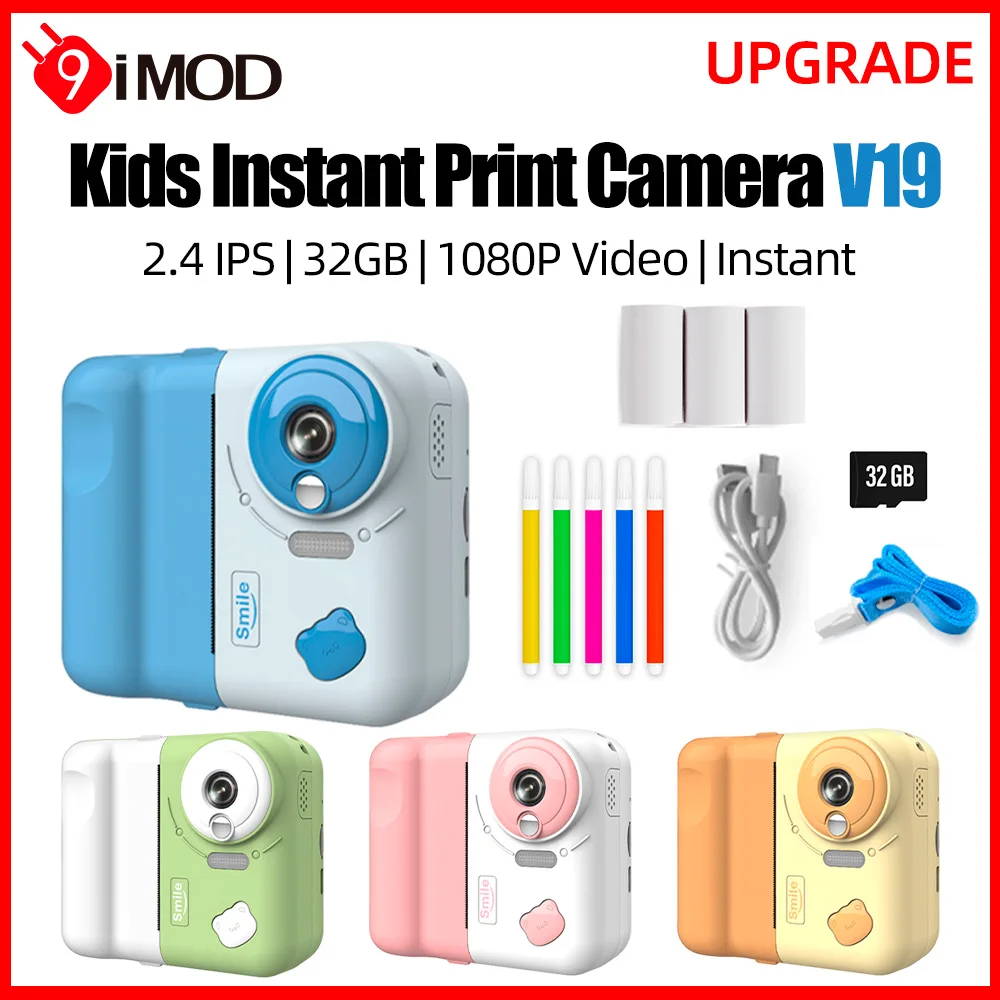 

9IMOD Kids Camera Instant Print Camera 2.4 inch 1080P Children Digital Photo Video 10X Zoom 32GB TF Card with Bluetooth Printing