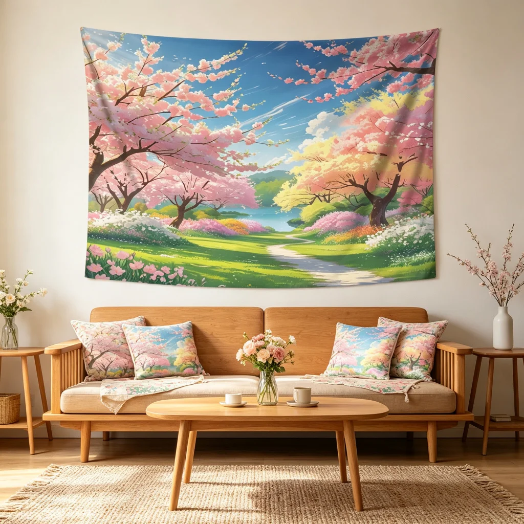 1PC Cherry Blossom Anime Art Print Backdrop Banner, Bedroom Living Room Photo Background, Polyester, Home Decor, Wall Art