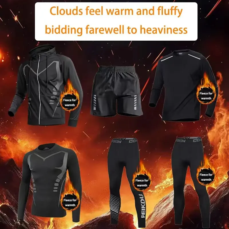 2025 Men's Outdoor Sports Set 6 Piece Fleece Lined Outfit Hiking Skiing Thermal Underwear Base Layer