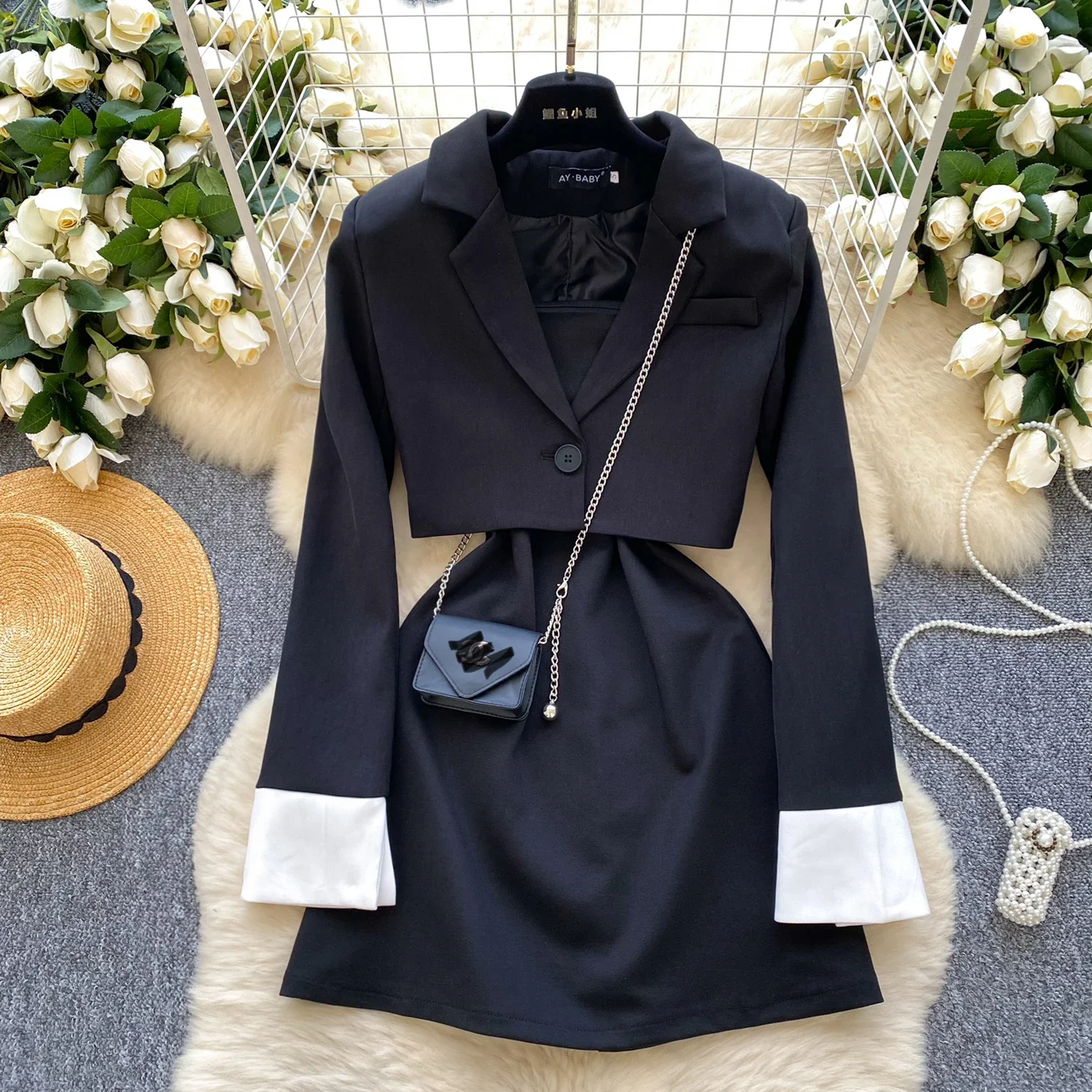 Vintage Long Sleeves Elegant Notched Neck Chic Two-piece Set Suit Jacket Slim Straps Dresses French High Street Autumn Clothing